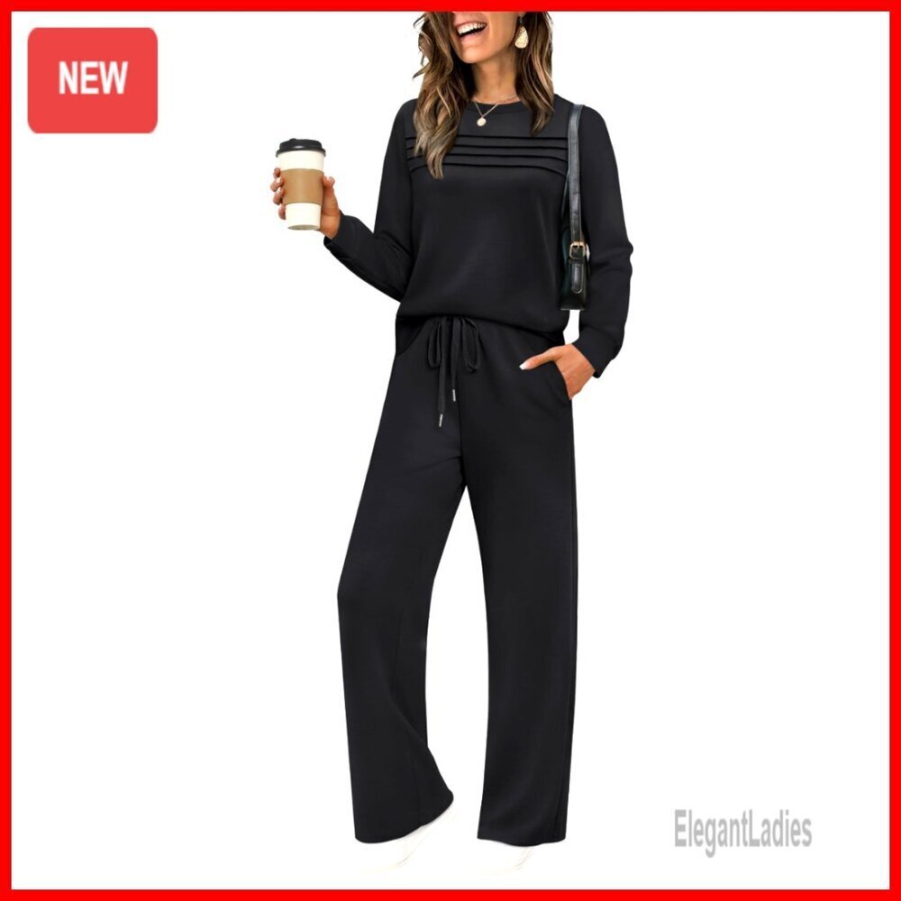 Medium Polyester Rayon Spandex Lounge Set Crewneck Top Wide Leg Pants